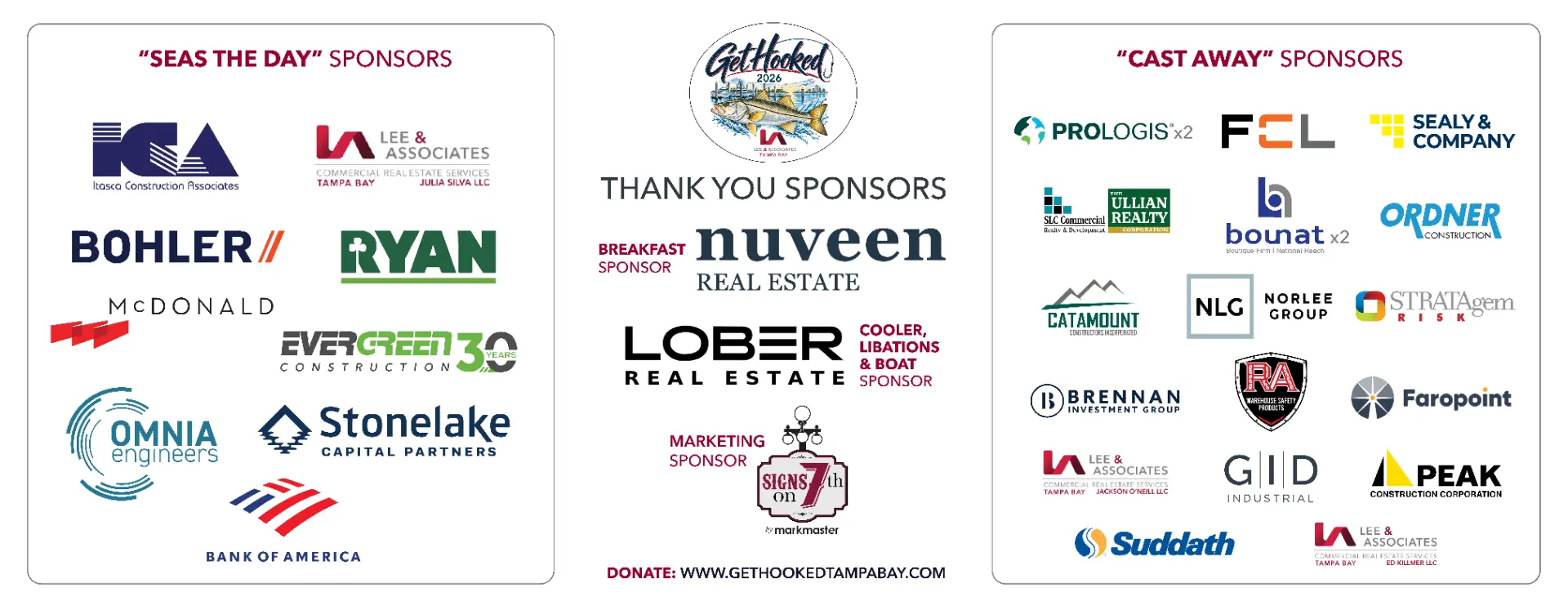 2026 Get Hooked sponsor banner with Seas the Day, Cast Away, breakfast, cooler and marketing sponsors
